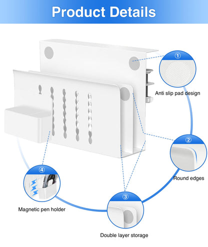 Torchesy Laptop Stand Vertical Under Desk Storage Mount With Side Storage for All Laptops and Tablets (White, Double Layer With Pen Holder)