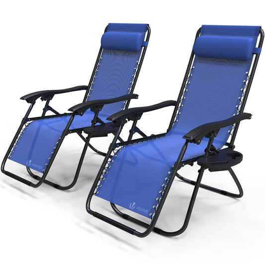 VOUNOT? Zero Gravity Chair, Set of 2, Folding Sun Loungers, Recliner Garden Chairs, Outdoor Deck Chairs with Cup and Phone Holder, Blue