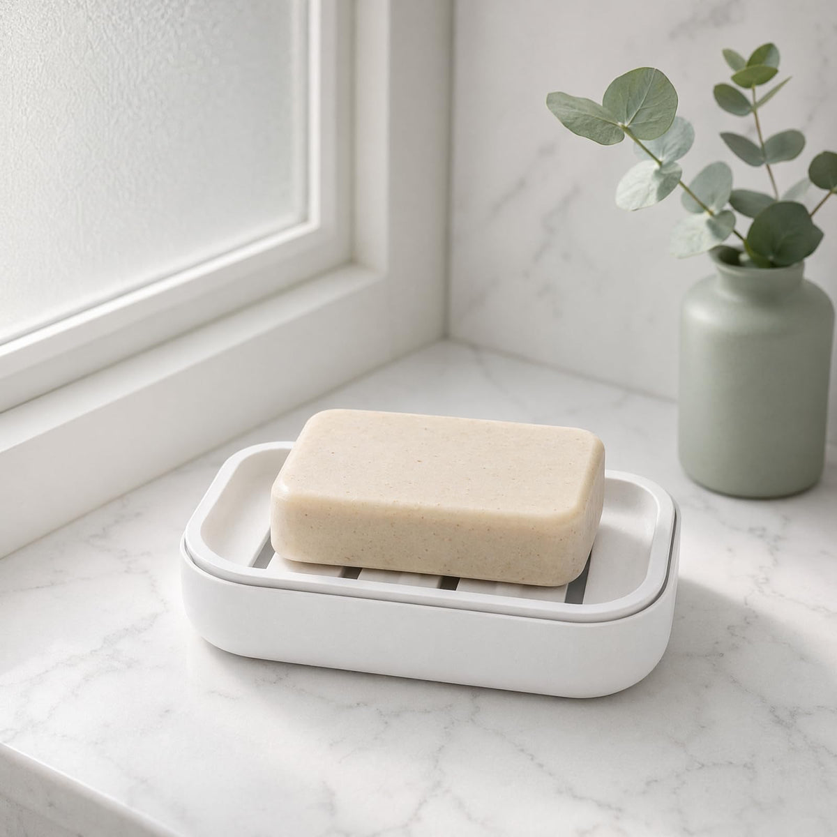 Soap Dish with Drainage, Plastic Soap Holder (White)