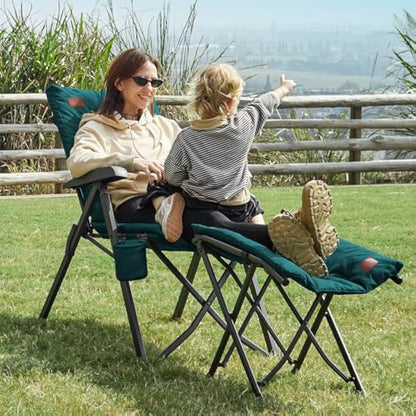 EVER ADVANCED Luxury Camping Chairs 2 Set for Adults Heavy Duty High Back Oversized Folding Garden Chair Comfy Padded 6cm Loadable 150kg Cam Adjustable Dining Chairs 4-Position Recliner Green