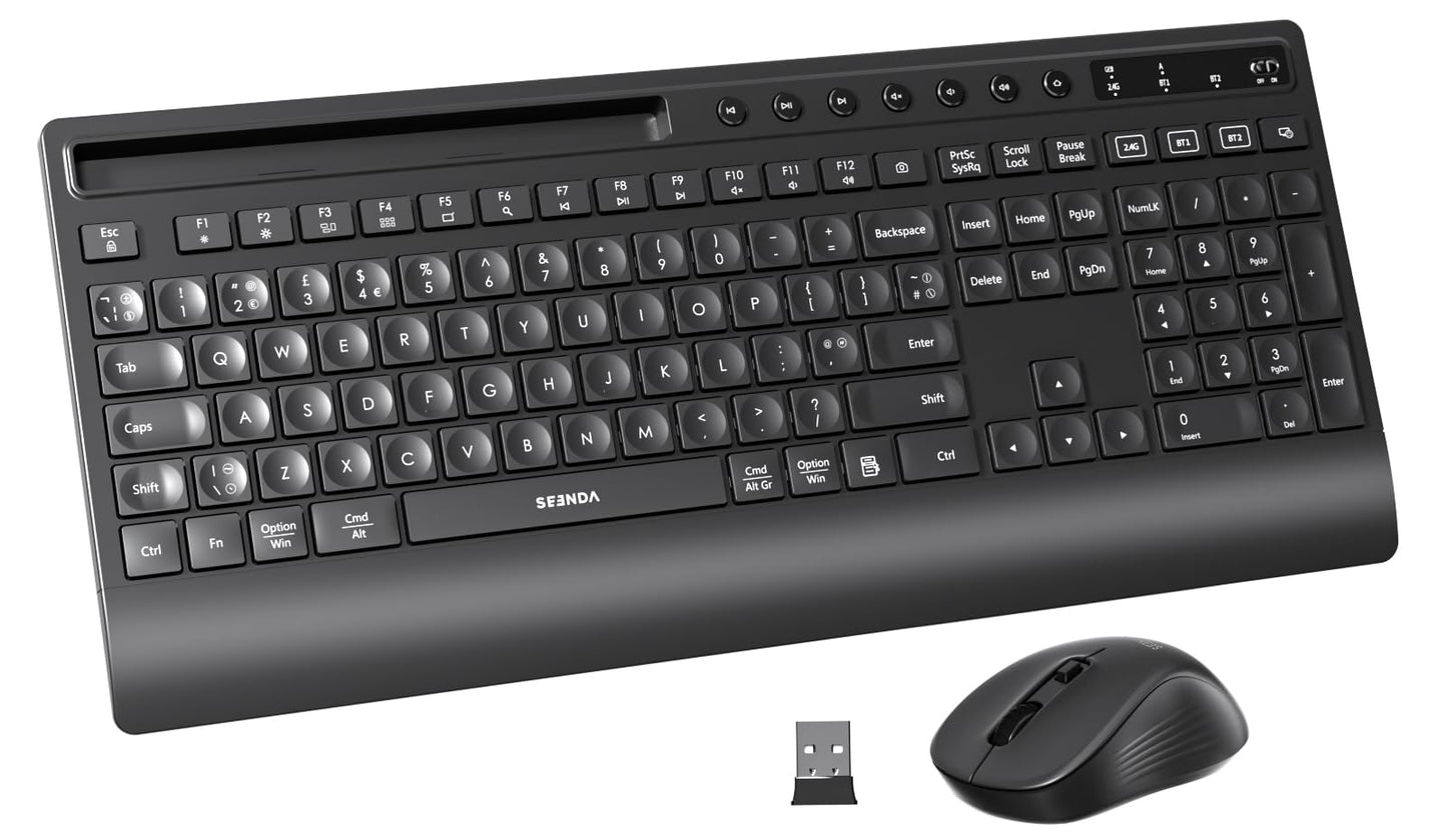 seenda COE201 Wireless Bluetooth Keyboard and Mouse - Full Size Multi-Device Ergonomic Set with Wrist Rest & Phone Holder, Quiet Typing for PC,