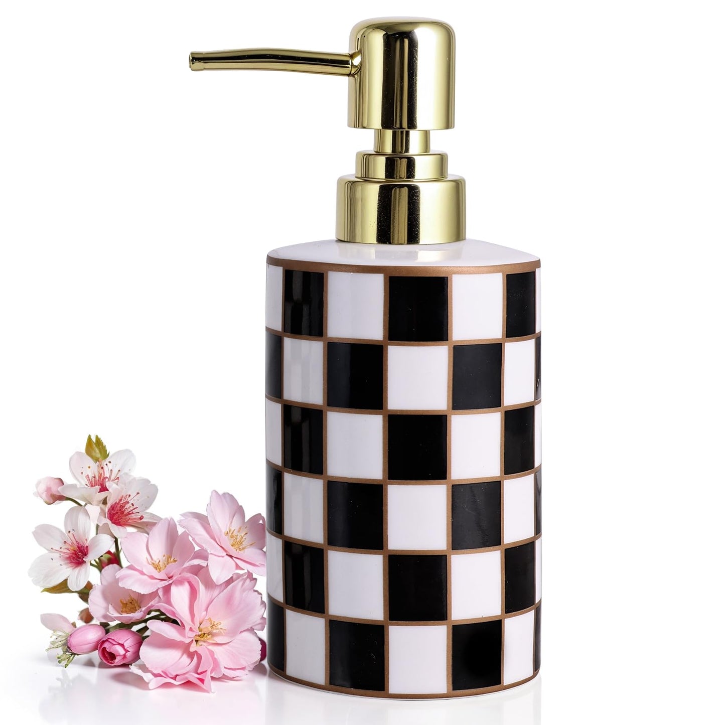Checkered Bathroom Soap Dispenser,Gold Pump Ceramic Soap Dispenser,Kitchen Checkerboard Empty Pump Bottle,Bath Countertop Storage Organizer,Checkered
