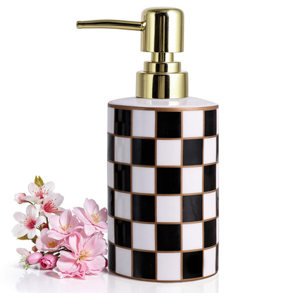 Checkered Bathroom Soap Dispenser,Gold Pump Ceramic Soap Dispenser,Kitchen Checkerboard Empty Pump Bottle,Bath Countertop Storage Organizer,Checkered
