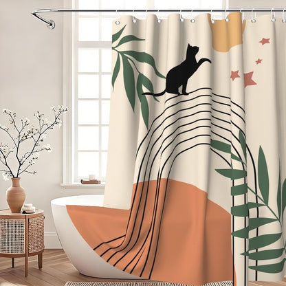 Xiaoterna Boho Shower Curtain Abstract Art Cat Bathroom Curtain Vintage Geometric Pattern Black Lines Green Leaves Sun Stars Cute Black Cat Mould and