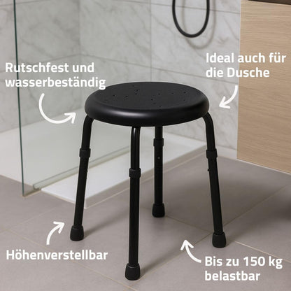RIDDER Go Bathroom Stool Diameter 50 x 34.9 – 52.5 cm, Black, Aluminium/PE/TPR Height-Adjustable Shower Stool with Non-Slip Seat, Stable Bath Stool