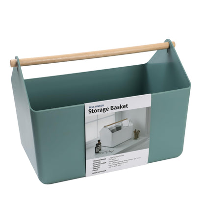 BLUE GINKGO Large Storage Basket – Plastic Caddy with Wooden Handle for Bathroom, Pantry, or Cleaning Supplies (Green)