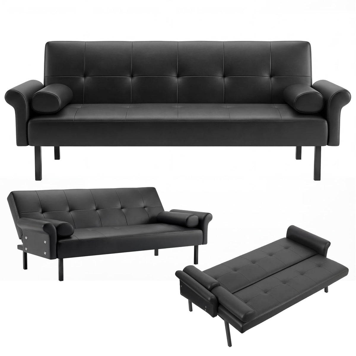 Panana Modern 3 Seater Sofa Bed, Faux Leather Upholstered Sofa bed with Metal Legs,Futon Recliner Lounge for Living Room, Spare Room, Bedroom