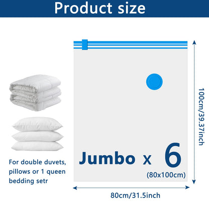 Vacuum Storage Bags - 6 Pack Jumbo (80X100cm) Space Saver Sealer Compression Bags, Reusable Vacuum Bags for Storage Clothes, Duvets, Bedding, Quilts