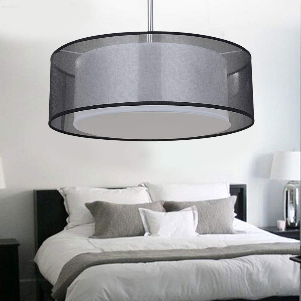 SPARKSOR Ceiling Light, Modern Fabric Pendant Light Shade, Large Black Drum Lampshade, 2 Tiers Round Pendant Lamp, for Bedroom Living Room, Flush