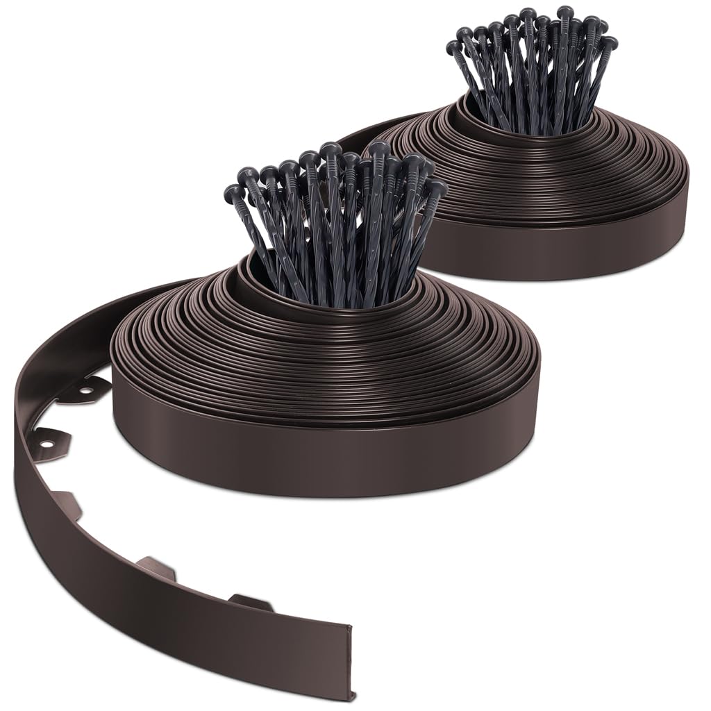 VOUNOT 40m Flexible Lawn Garden Edging Border, Plastic Grass Path Edging with 80 Reinforced Securing Pegs, Height 5cm, Brown