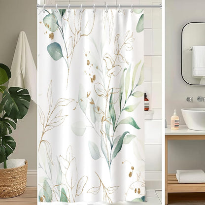 Uiiooazy Eucalyptus Shower Curtain, Sage Green Gold Leaves Pattern Bath Curtain Mildew and Mould Resistant Waterproof Polyester Fabric Washable