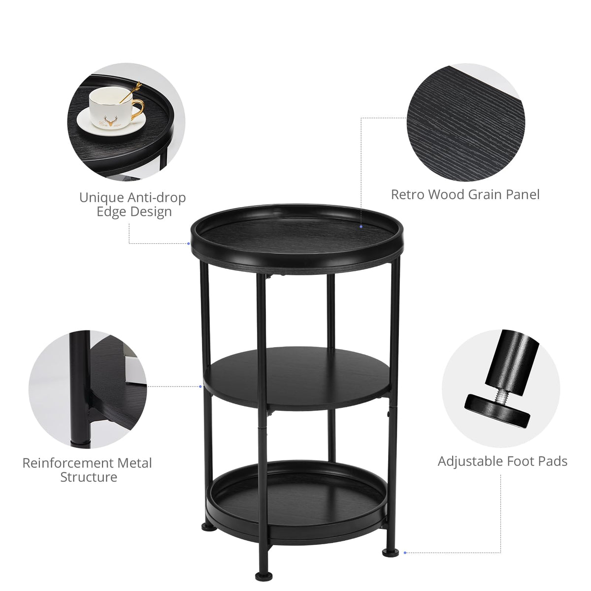 YEAKOO Industrial Nordic End Table, 3-Tier Round Side Table with Storage Shelf Edge Protection Tray