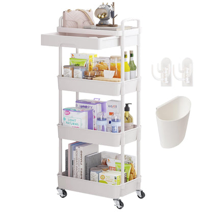 Wuciray Beauty Trolley on Wheels 4 Tier Storage Trolley with Drawer Plastic Beauty Trolleys Rolling Utility Cart for Home Kitchen Bathroom Laundry