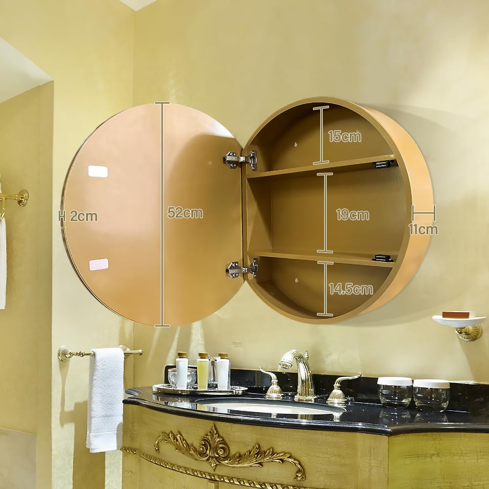 Janboe Round Mirror Cabinet,Aluminum Framed,Soft Close Hinge,51cm,Gold