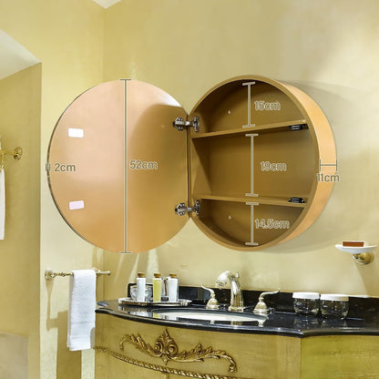 Janboe Round Mirror Cabinet,Aluminum Framed,Soft Close Hinge,51cm,Gold