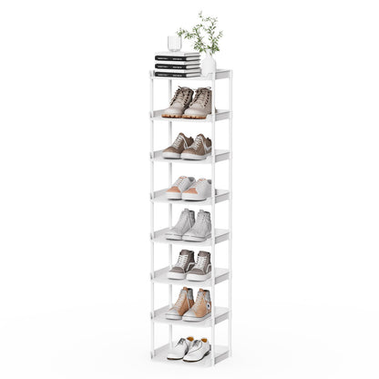 Altdnmaf 8 tier Narrow Shoe Storage Rack, Compact Single Shoerack Stand for Slim Space, Stackable Tall Thin Show Tower, Solid Plastic Shelves