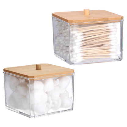 SUMTree 2 PCS Square Qtip Cotton Ball Holder Qtip Dispenser with Bamboo Lid