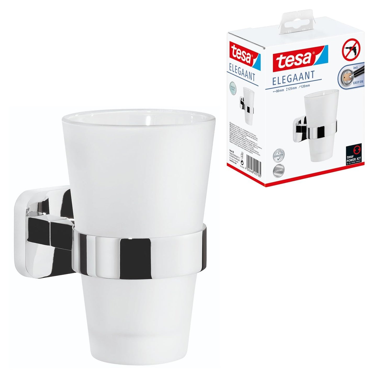 tesa ELEGAANT Toothbrush Holder - Self-Adhesive, Stainless-Steel Tooth Brush Holder with Frosted Glass Cup - Waterproof, incl. Power.Kit Adhesive