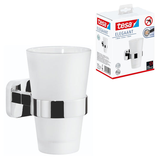 tesa ELEGAANT Toothbrush Holder - Self-Adhesive, Stainless-Steel Tooth Brush Holder with Frosted Glass Cup - Waterproof, incl. Power.Kit Adhesive