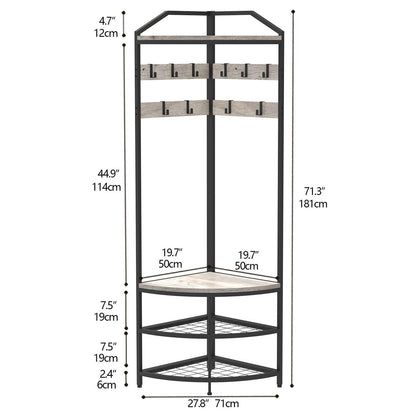 VEDECASA Corner Hall Tree Coat Rack with Shoe Bench and Storage Shelf 4-Tier Freestanding Entryway Corner Organizer with 10 Metal Movable Hooks and