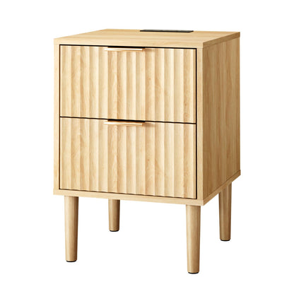 Karl home Bedside Table Set of 2, Wood Grille Nightstand Side End Table,Oak