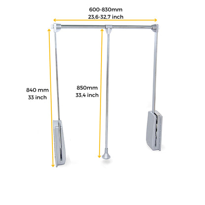 Emuca - Hang pull down wardrobe rail lift, adjustable width 600-830mm (23,6-31,4 inch), stone grey