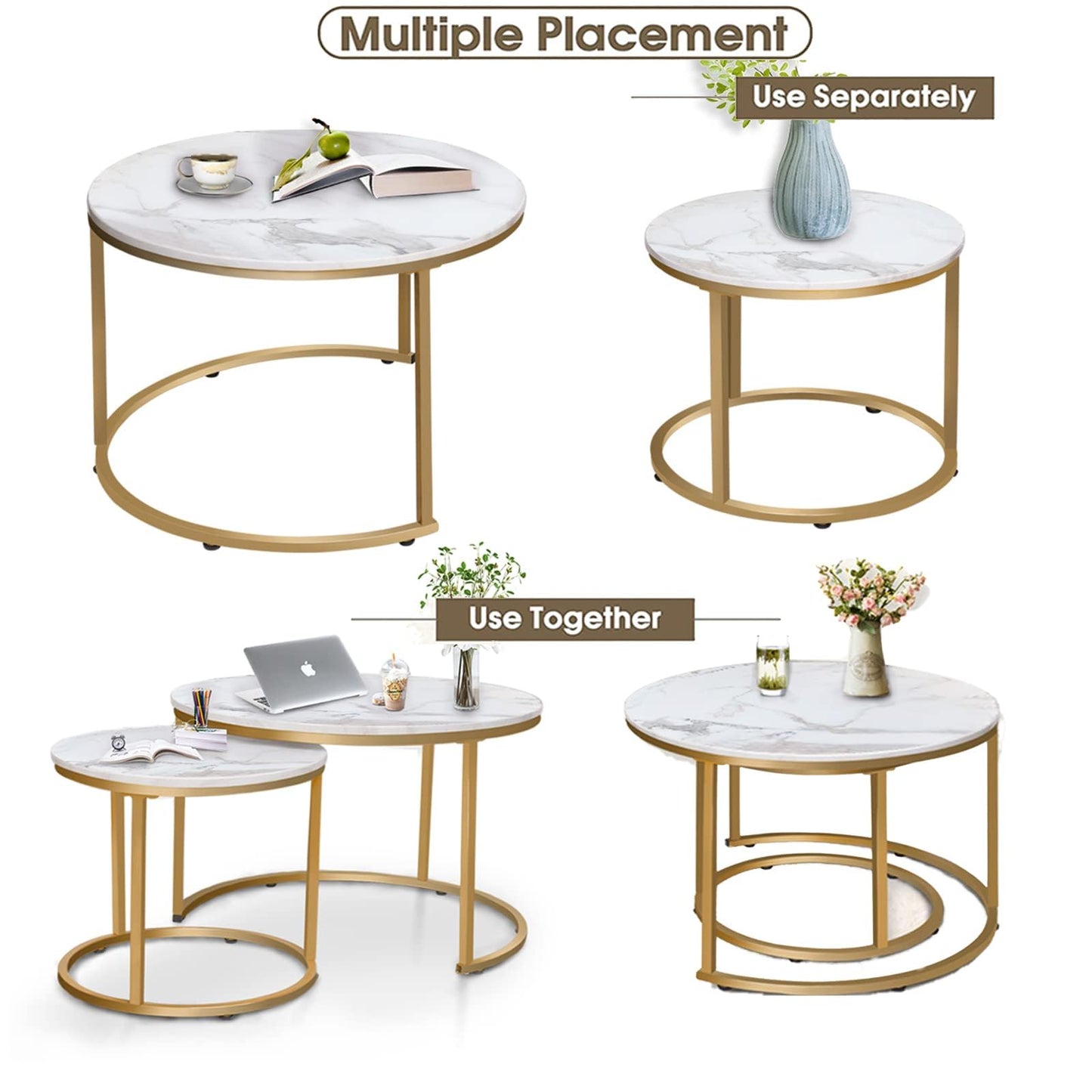 Garden 4 you Round Nesting Coffee Table Set of 2 for Living Room,Marble Center Tea Nest of Table with Metal Frame,End Side table for Small