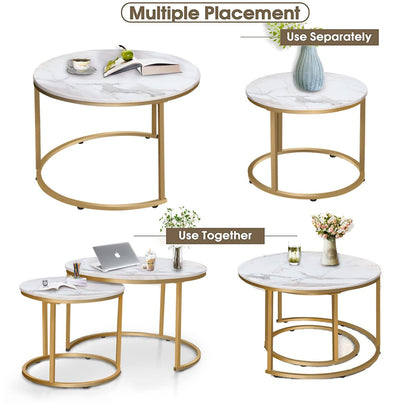Garden 4 you Round Nesting Coffee Table Set of 2 for Living Room,Marble Center Tea Nest of Table with Metal Frame,End Side table for Small