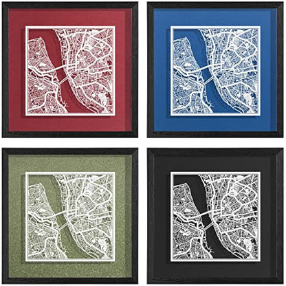 O3 DESIGN STUDIO Liverpool Paper Cut Map framed, White map, Black frame, 23x23 cm, Gift Boxed, 4 background color, self-changing, Paper Art