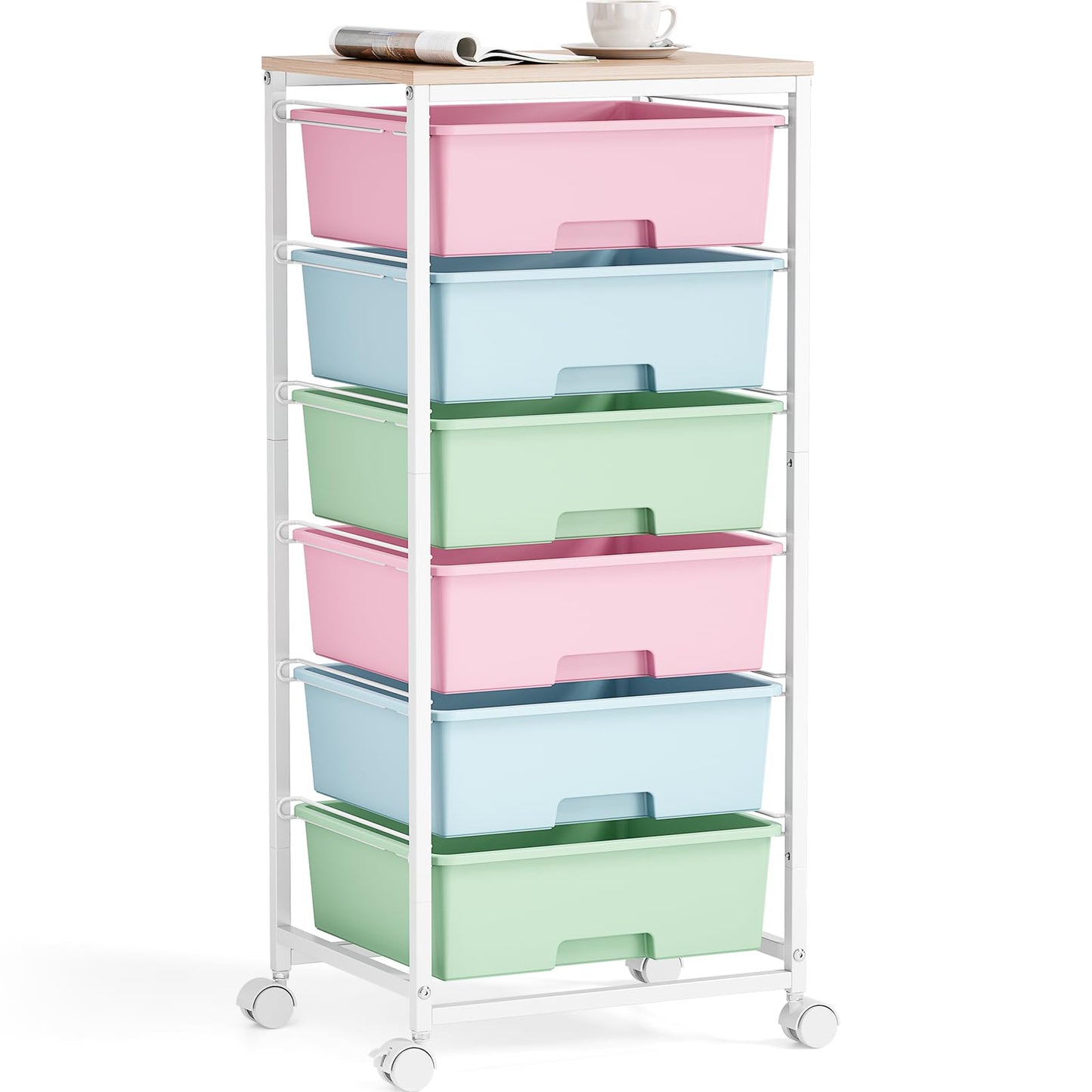 Rolling Storage Cart with 6 Drawers and Wooden Tabletop, Lockable Wheels Utility Cart for Art Studios, Office Supplies & Craft Room Organization