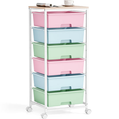 Rolling Storage Cart with 6 Drawers and Wooden Tabletop, Lockable Wheels Utility Cart for Art Studios, Office Supplies & Craft Room Organization
