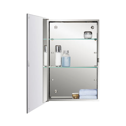 Fundin Stainless Steel Bathroom Mirror Cabinet, Single Door with Adjustable Glass Shelves, Surface Mounted, 40cm W x 60cm H, Mirrored Finish
