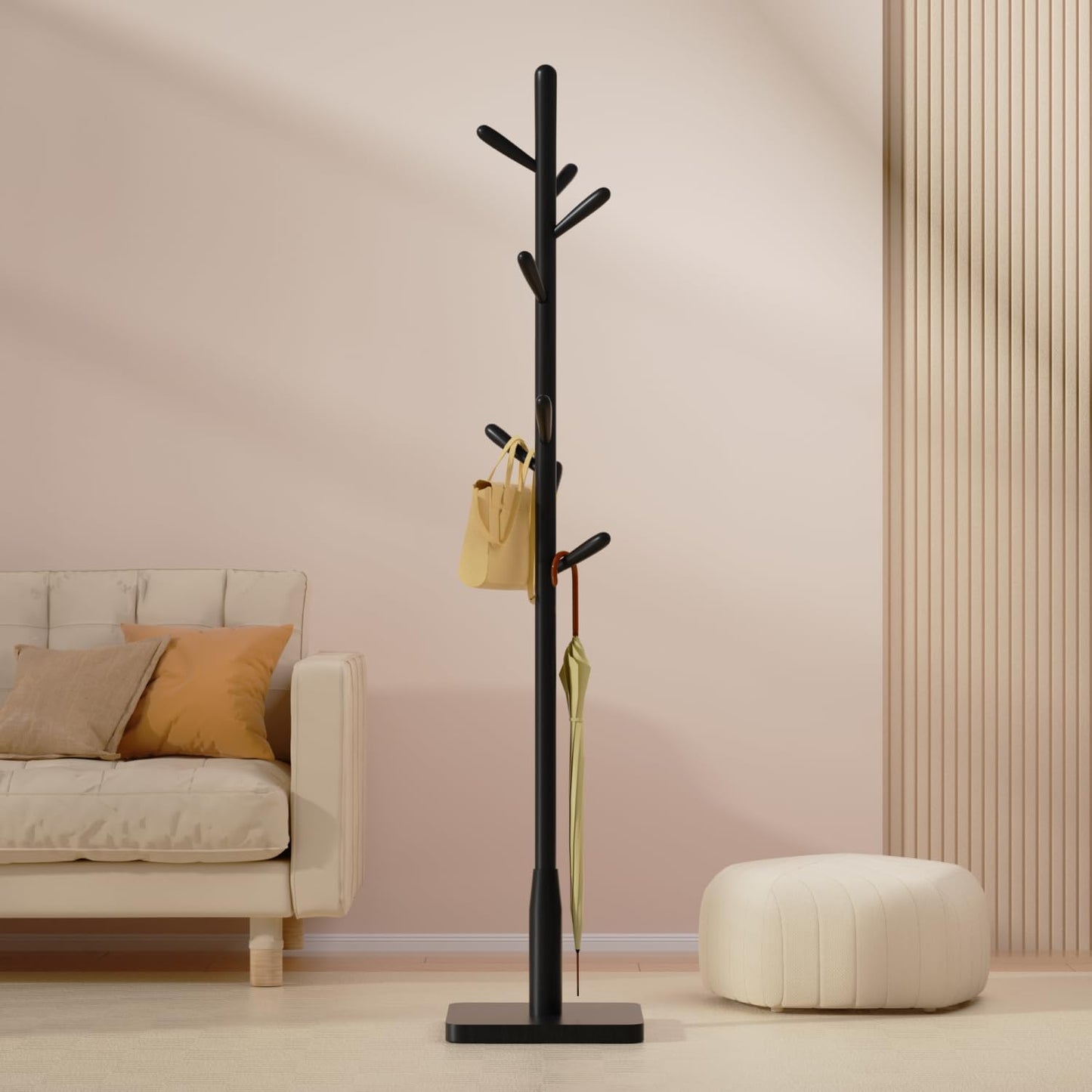 Awatiwa Solid Wood Square Base Coat Rack, Free Standing Hall Coat Tree with 8 Hooks（+2 spare for Coats, Hats, Bags, Purses, for Entryway, Hallway