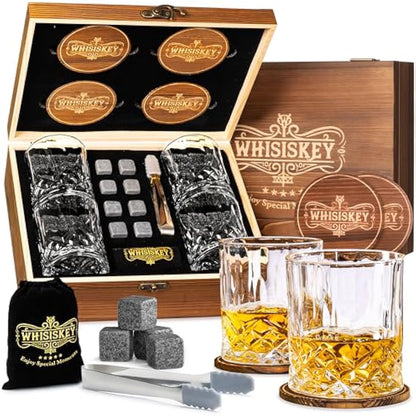 WHISISKEY - Whiskey Glass Set - Whiskey Gift Sets for Men - Whisky Glass Birthday Gifts for Men - Rum Tumblers - Mens Gifts - Whisky Set with 4 Glasses, 8 Whiskey Stones, Accessories
