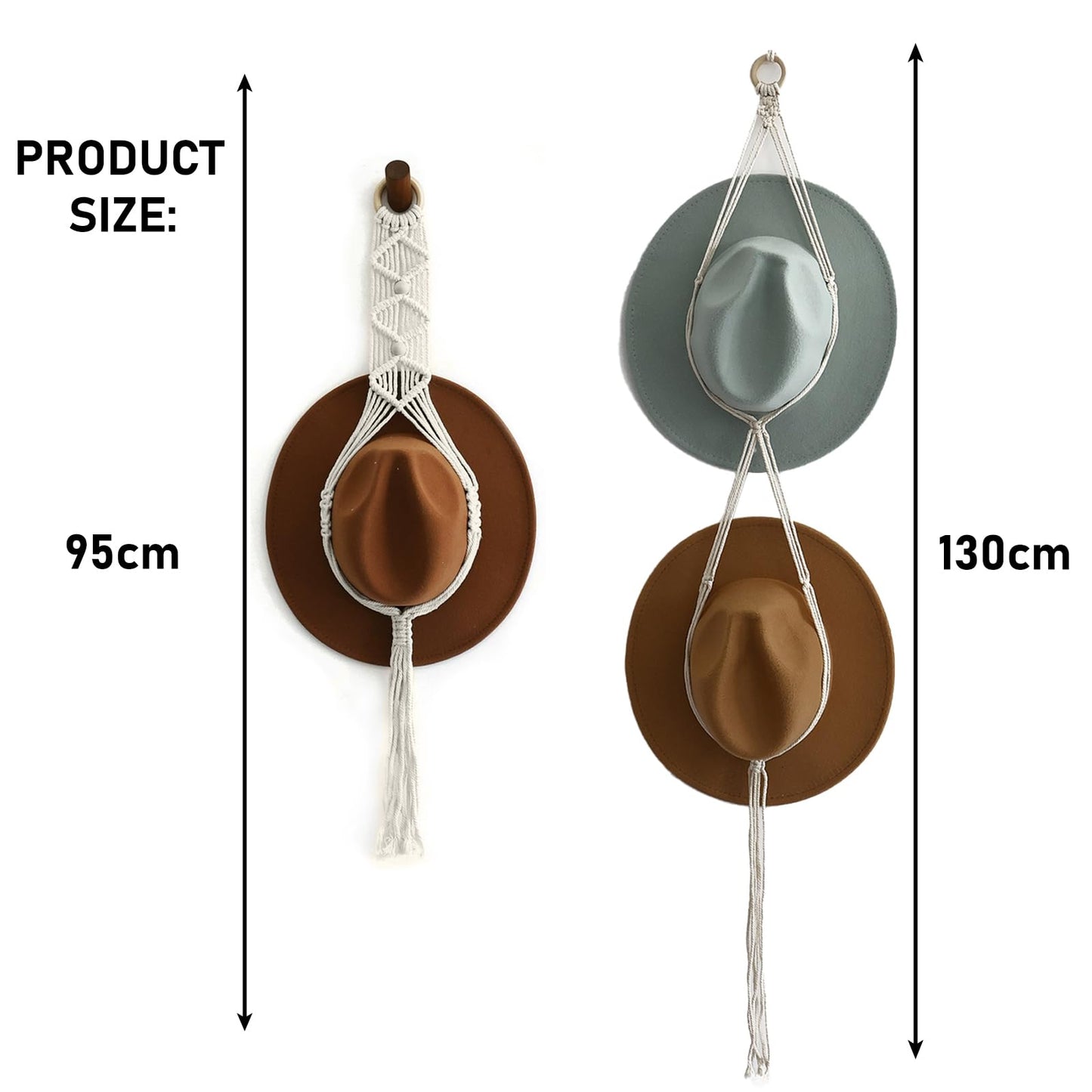 CCAIPU Macrame Hat Rack, Boho Hat Hanger Wall Hanging Hats Organizer for Wide Brim Cap Cowboy Storage for Man and Women (A-2Pcs)