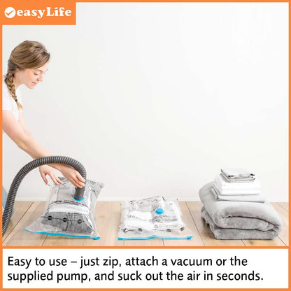 Easylife Vacuum Storage Bags (Set of 6) 5x Large Storage Bags (80x60cm), 1x Jumbo Bag (80x100cm) and 1x Hand Pump, Airtight Duvet