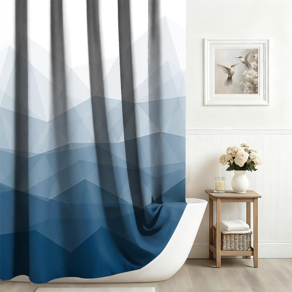 Xiaoterna Modern Concise Blue Shower Curtain Abstract Contemporary Aesthetics Waterproof Bathroom Curtain 3D Shadow White Geometric Lines Washable
