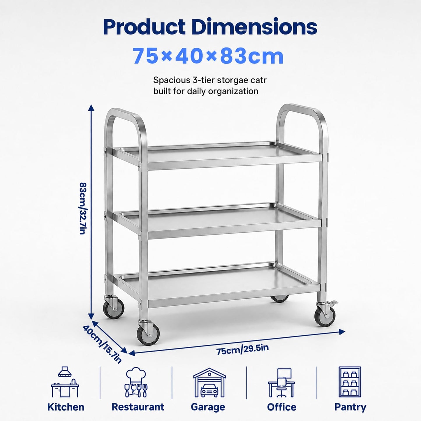 3 Tier Stainless Steel Cart, Rolling Catering Storage Cart (75×40×83cm)
