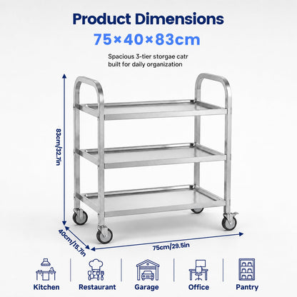 3 Tier Stainless Steel Cart, Rolling Catering Storage Cart (75×40×83cm)