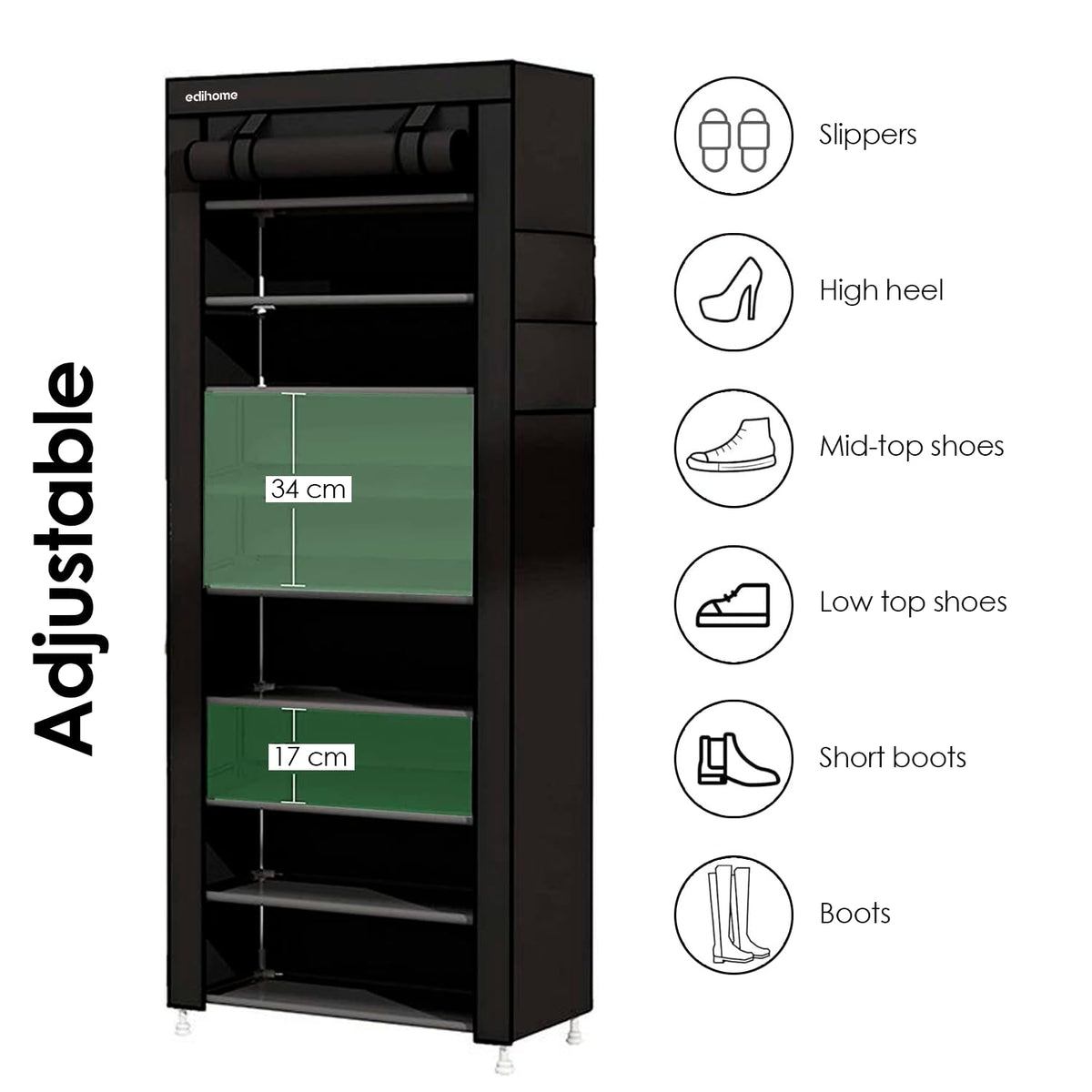 edihome, Fabric Shoe Rack, 9 Levels, Narrow and High Shoe Racks, (58 x 28 x 162 cm) with Outer Cover, with Zip, for Trainers, Heels or Shoes (Black)