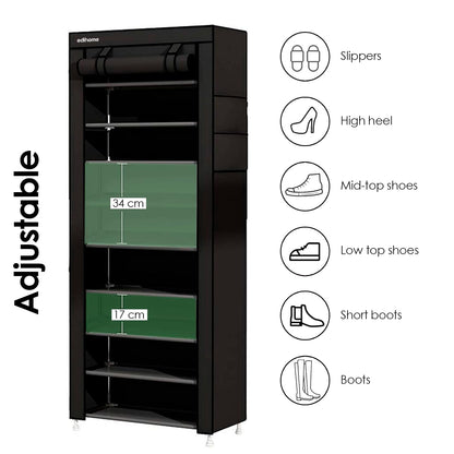 edihome, Fabric Shoe Rack, 9 Levels, Narrow and High Shoe Racks, (58 x 28 x 162 cm) with Outer Cover, with Zip, for Trainers, Heels or Shoes (Black)