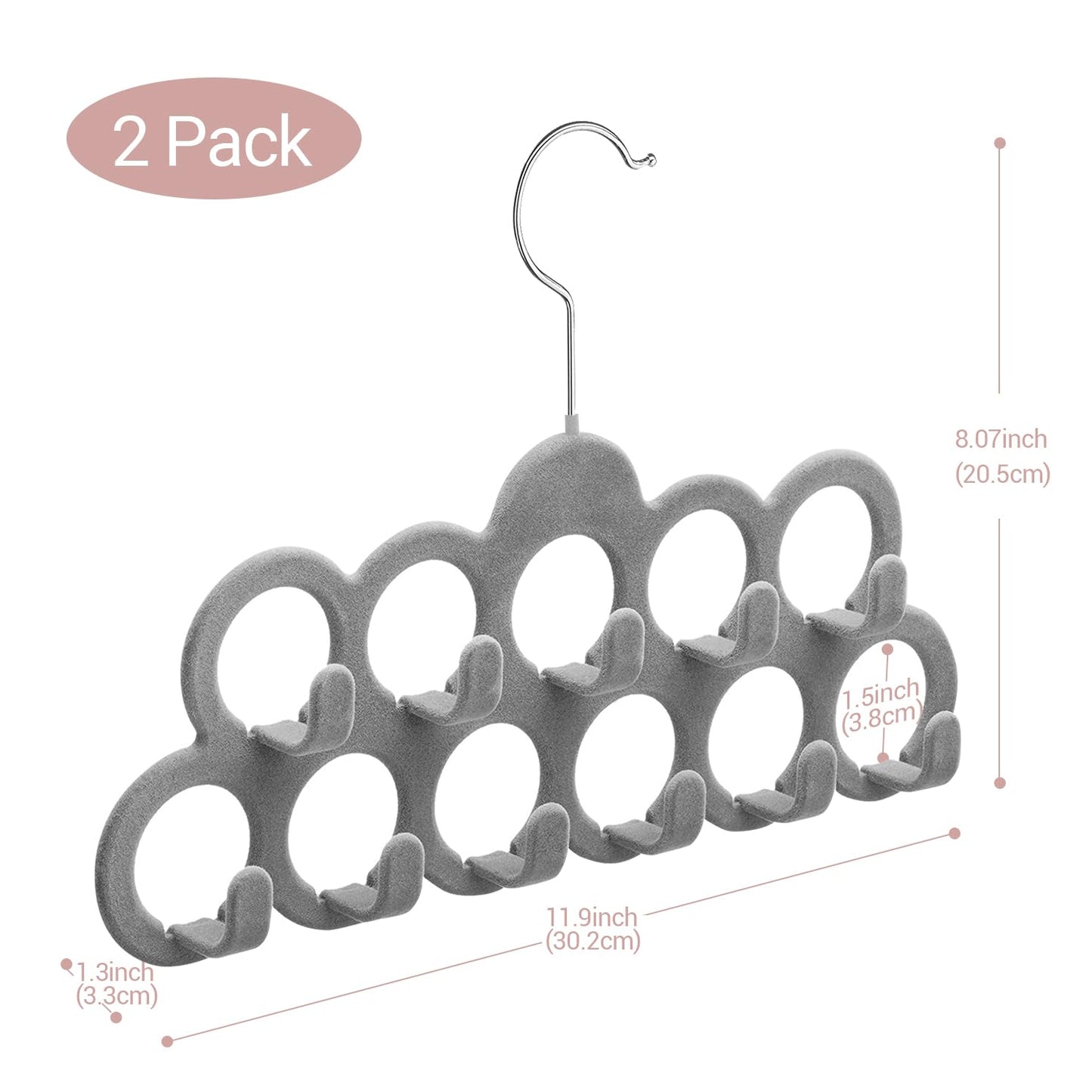 ManGotree Velvet Scarf Storage Hangers with 11 Loops and Hooks 2 Pack Grey