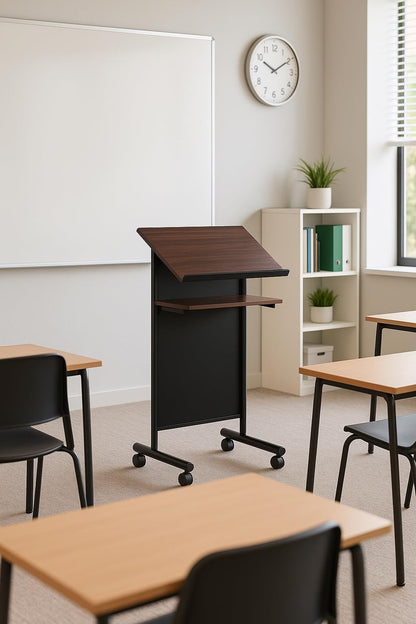 Audio-Visual Direct Wheeled Lectern Podium - Standing Desk with Storage Shelf - Cherry/Black - Ideal for Presentations and Laptop Use