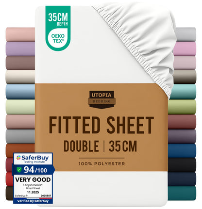 Utopia Bedding Fitted Sheet Double, White - Deep Pocket 14 inch (35 cm) - Easy Care - Soft Brushed Polyster - Microfibre Fabric - Shrinkage and Fade Resistant - Bottom Sheet