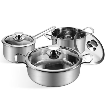 Saucepan Set 6 Pieces, Stainless Steel Pot and Pan Set, Saucepan with Glass Lids Cookware, Cookware Set Compatible with Induction, Gas and Electric