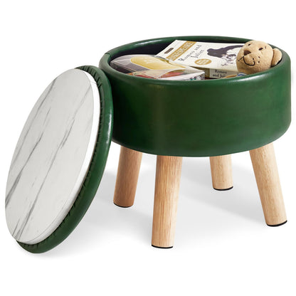 IBUYKE 13 Inch Small Footstool Ottoman with Storage, Round Pouffe Foot Rest with Padded Seat and Wood Legs