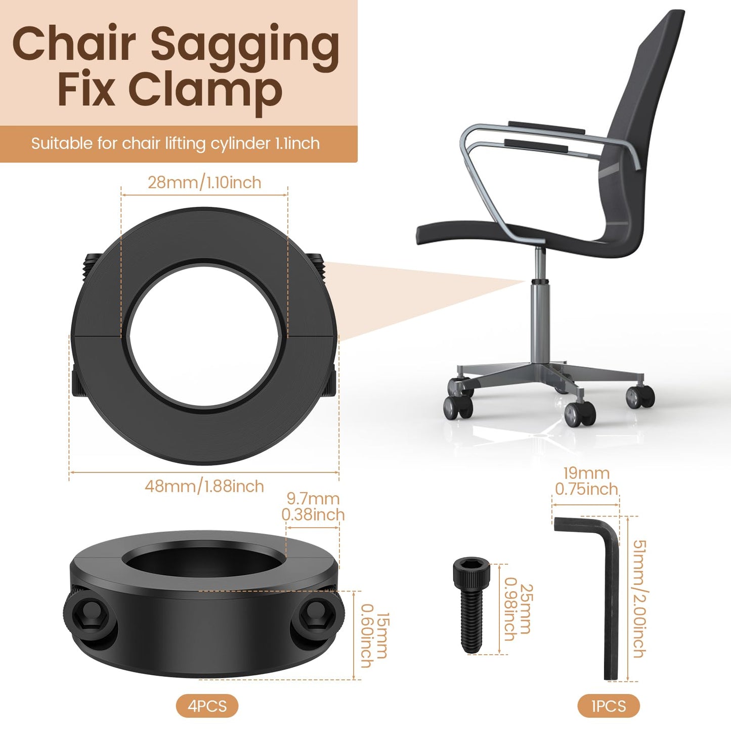 4 Pcs Office Chair Saver Kit Sinking Office Chair Saver for Stop Sinking Gas Lift Cylinder Stopper for Repair
