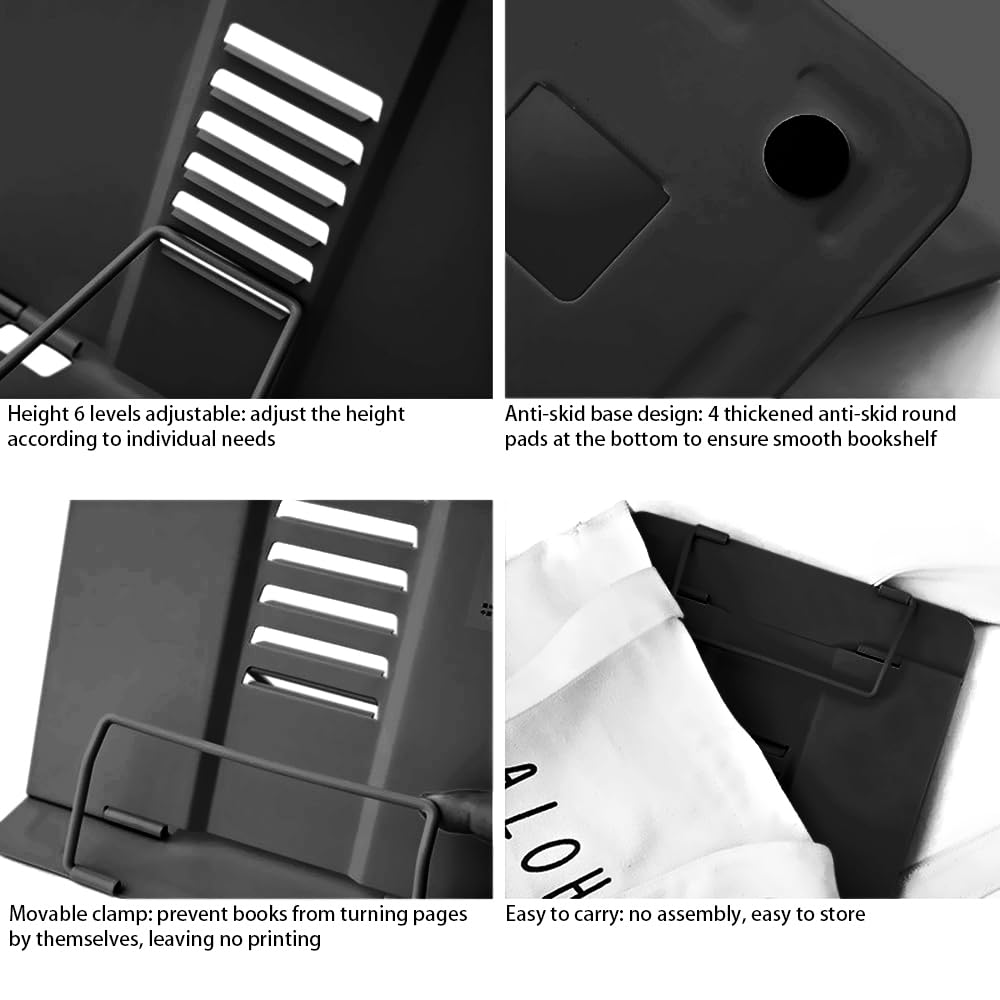 Book Stand, Multifunctional Metal Book Holder for Reading (Black)