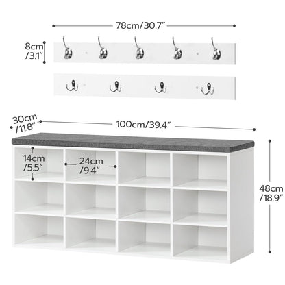 HOOBRO Shoe Storage Bench with Cushion and Coat Hooks, Shoe Rack Bench with Padded Seat, 100 cm Coat Rack for Hallway, 12 Compartments