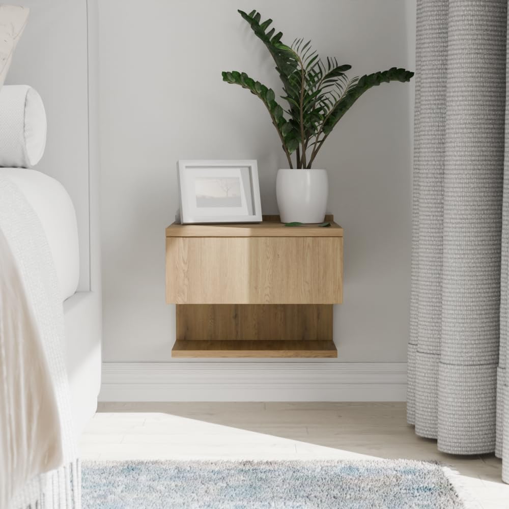 ComfortCove Wall Bedside Tables, Bedside Drawers with Storage Shelf, Hanging Bedside Cabinet, Slim End Wall Table with Storage Shelf, Sonoma. Size: